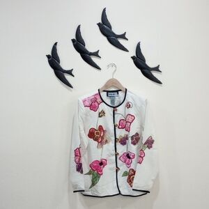 Indigo Moon Linen Blend Floral Embroidered Collarless Boho Jacket - M - NEW!